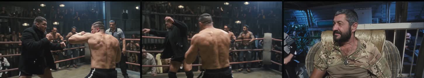 Последние кадры неудачной версии: человек в пальто на ринге и мужчина в кресле