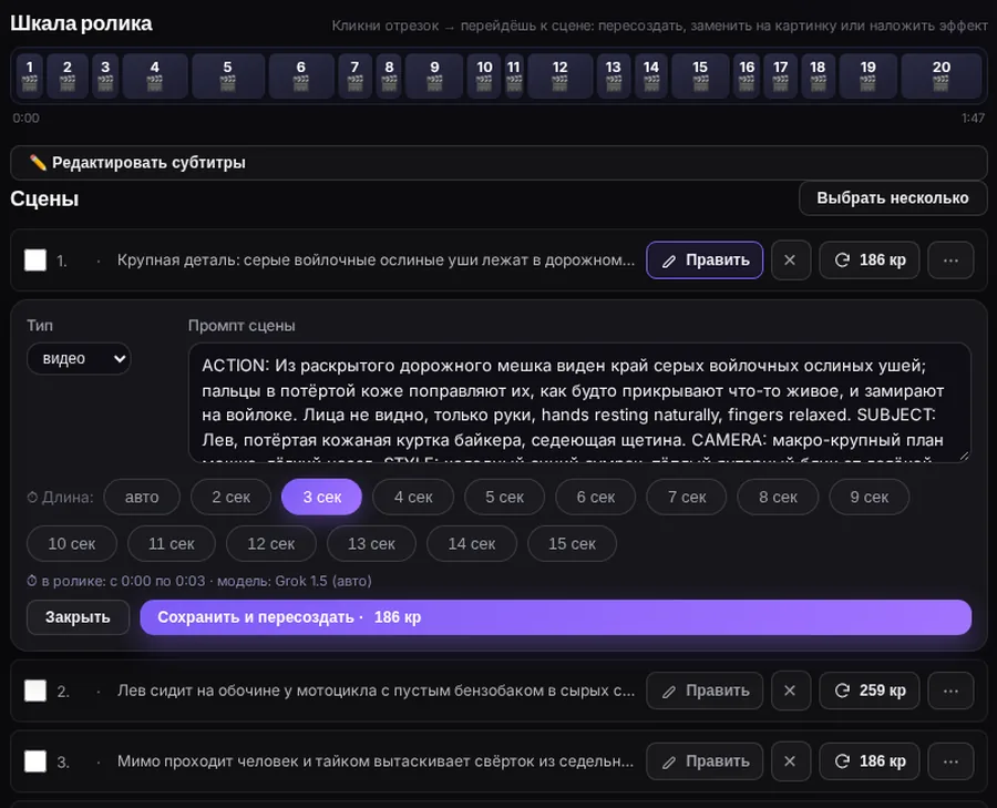 Редактор сцены в ClipWa: тип, промпт сцены, длина от 2 до 15 секунд и кнопка «Сохранить и пересоздать»