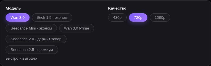 Выбор модели и качества в шаблоне «Рекламный ролик»: Wan 3.0, Grok 1.5 эконом, Seedance Mini, Wan 3.0 Prime, Seedance 2.0, Seedance 2.5, разрешение 480p 720p 1080p