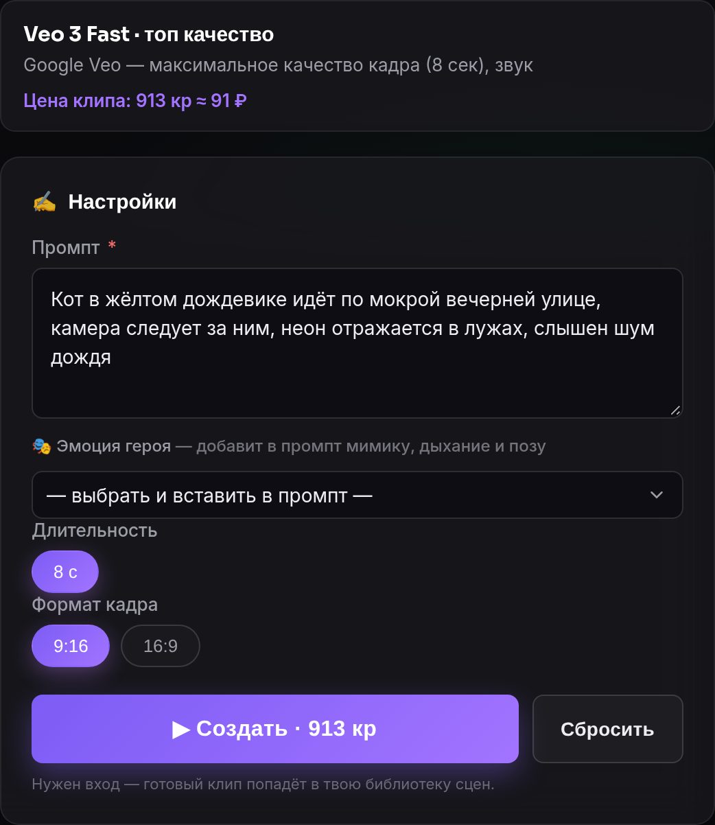 Форма Veo 3 Fast в студии ClipWa: описание, длительность 8 секунд, формат 9:16 или 16:9, кнопка с ценой 913 кредитов