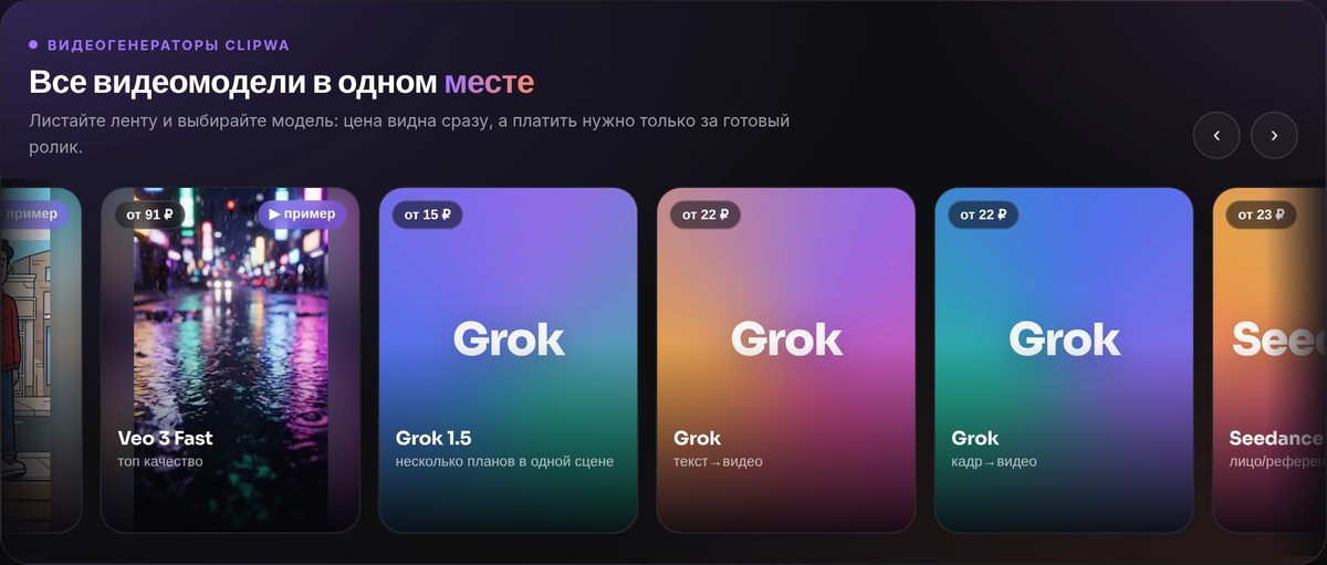 Витрина видеомоделей ClipWa: карточка Veo 3 Fast с ценой от 91 ₽ и живым примером